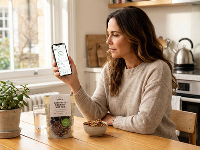 Frau nutzt die ZOE App zur personalisierten Ernährungsanalyse am Küchentisch, neben ihr aktivierter Bio-Nuss-Mix von 2DiE4 Live Foods für Darmgesundheit und Mikrobiom-Optimierung