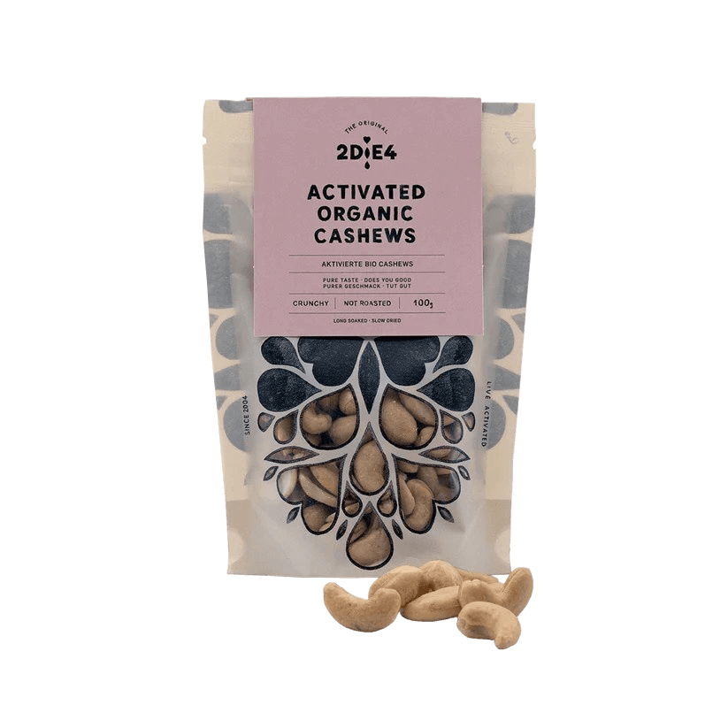 Aktivierte Bio-Cashews von 2DiE4 Live Foods – zweistufig fermentiert, handveredelt, mit natürlichem Umami-Geschmack und perfektem Crunch – roh, bio, leicht verdaulich und nährstoffreich.