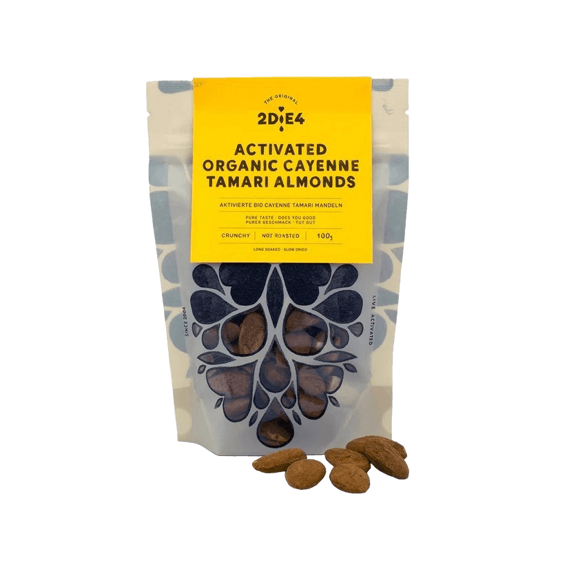 2DiE4 aktivierte Bio-Tamari-Mandeln – zweistufig fermentiert, mit Tamari veredelt, kräftiger Umami-Geschmack, perfekter Crunch, leichter verdaulich und nährstoffreich.