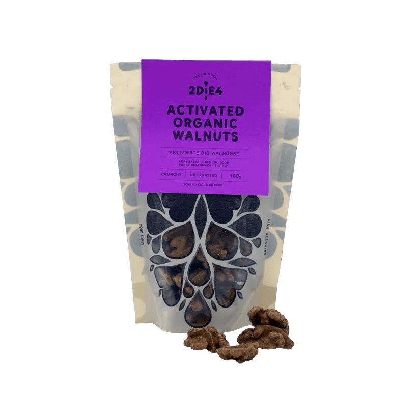 2DiE4 aktivierte Bio-Walnüsse – zweistufig fermentiert, handveredelt, mit natürlichem Umami-Geschmack, perfektem Crunch, besserer Verdaulichkeit und voller Omega-3-Power.