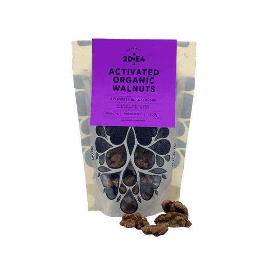 2DiE4 aktivierte Bio-Walnüsse – zweistufig fermentiert, handveredelt, mit natürlichem Umami-Geschmack, perfektem Crunch, besserer Verdaulichkeit und voller Omega-3-Power.
