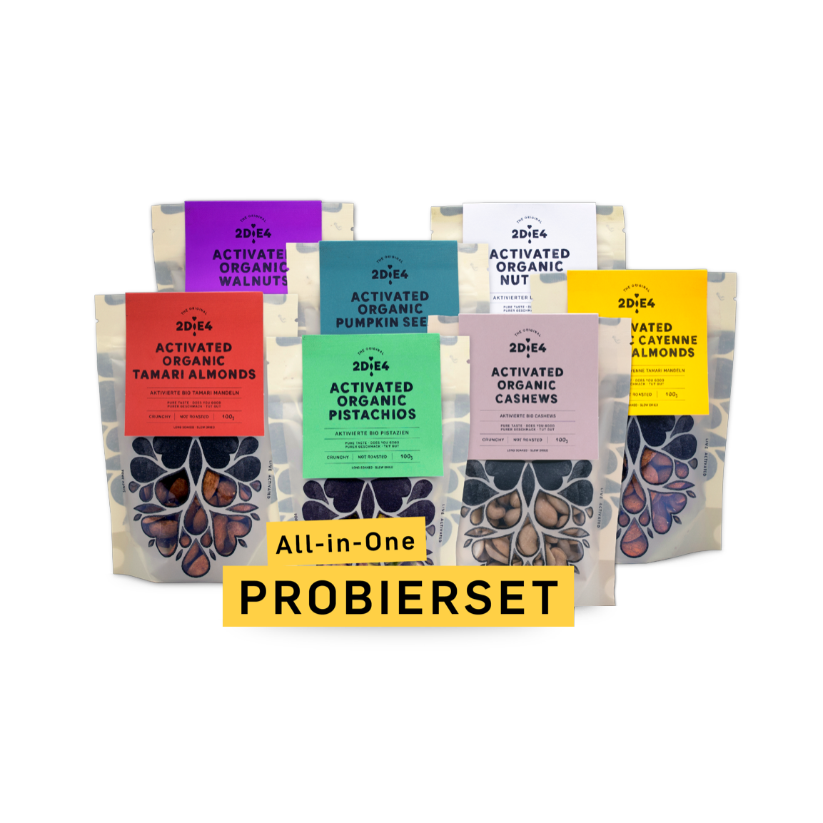 2DiE4 All-in-One Probierset: sieben Sorten aktivierte Bio-Nüsse à 100 g