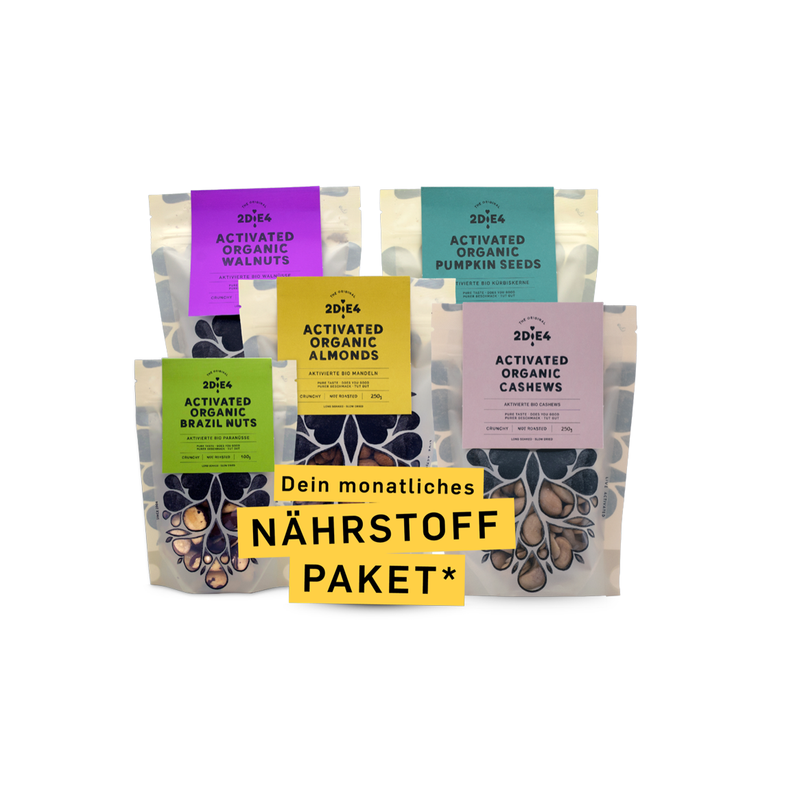 2DiE4 Nährstoff-Paket: fünf Beutel aktivierte Bio-Nüsse, Walnüsse, Kürbiskerne, Mandeln, Cashews und Paranüsse