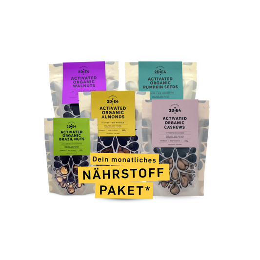 2DiE4 Nährstoff-Paket: fünf Beutel aktivierte Bio-Nüsse, Walnüsse, Kürbiskerne, Mandeln, Cashews und Paranüsse